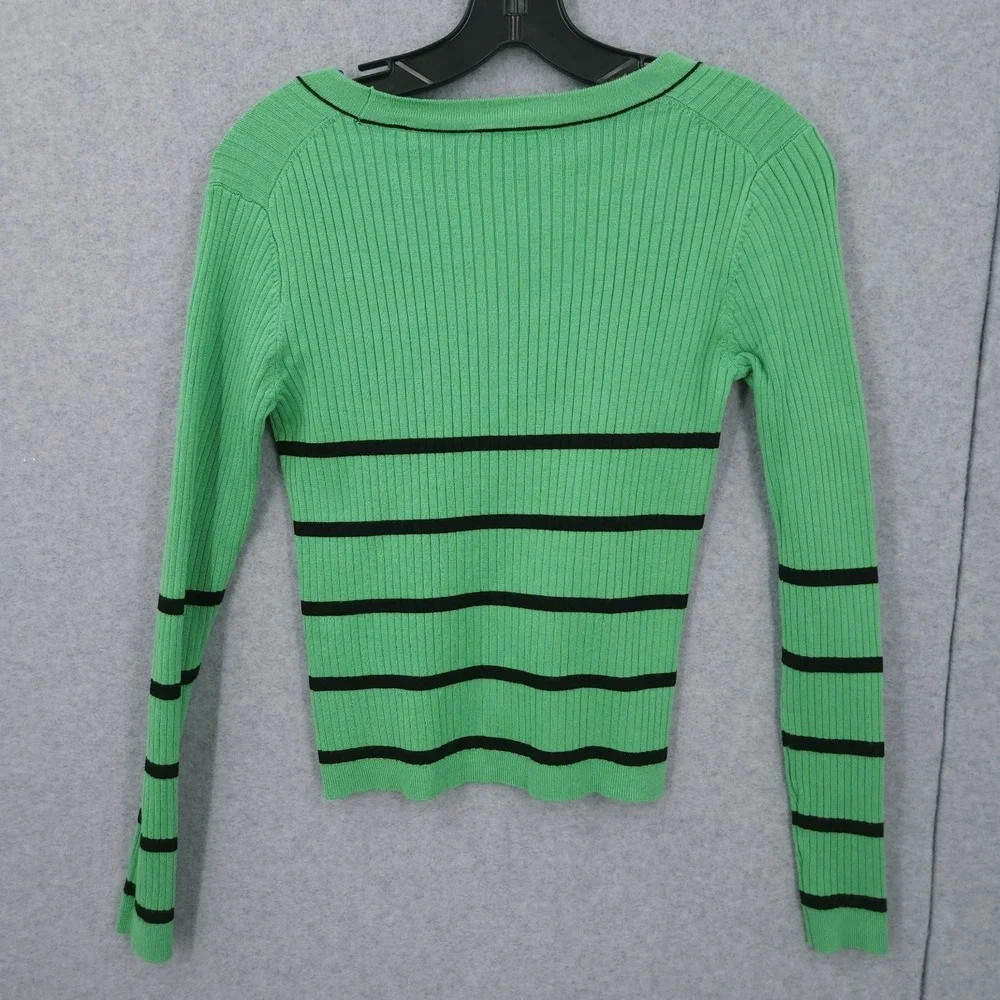 Tahari Button Front V Neck Green Leaf Black Striped Long Sleeve Cardigan Women S